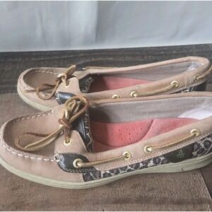 Sperry Top Sider Boat Shoes Womens Sz 8M Angelfish Leopard Slip On Brown Leather